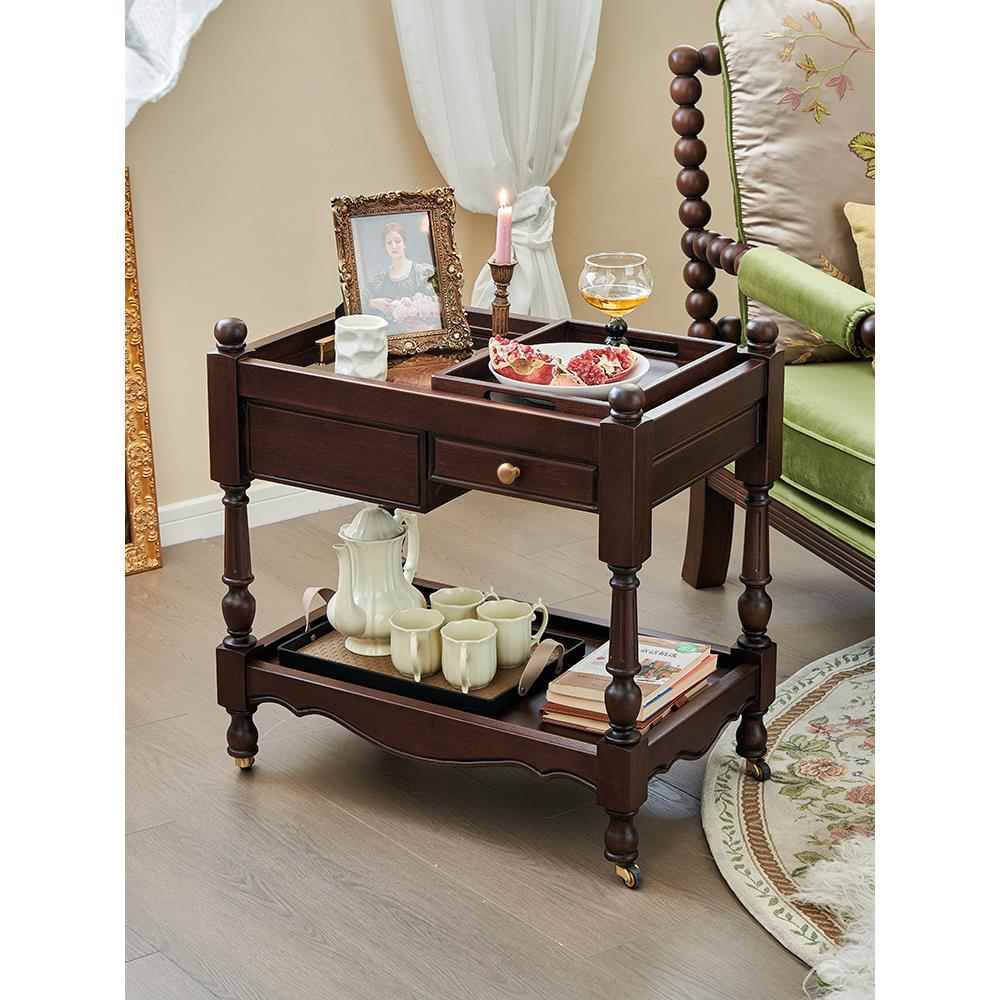 法式复古可移动边几实木小茶几茶桌小推车卧室客厅家用沙发侧边柜