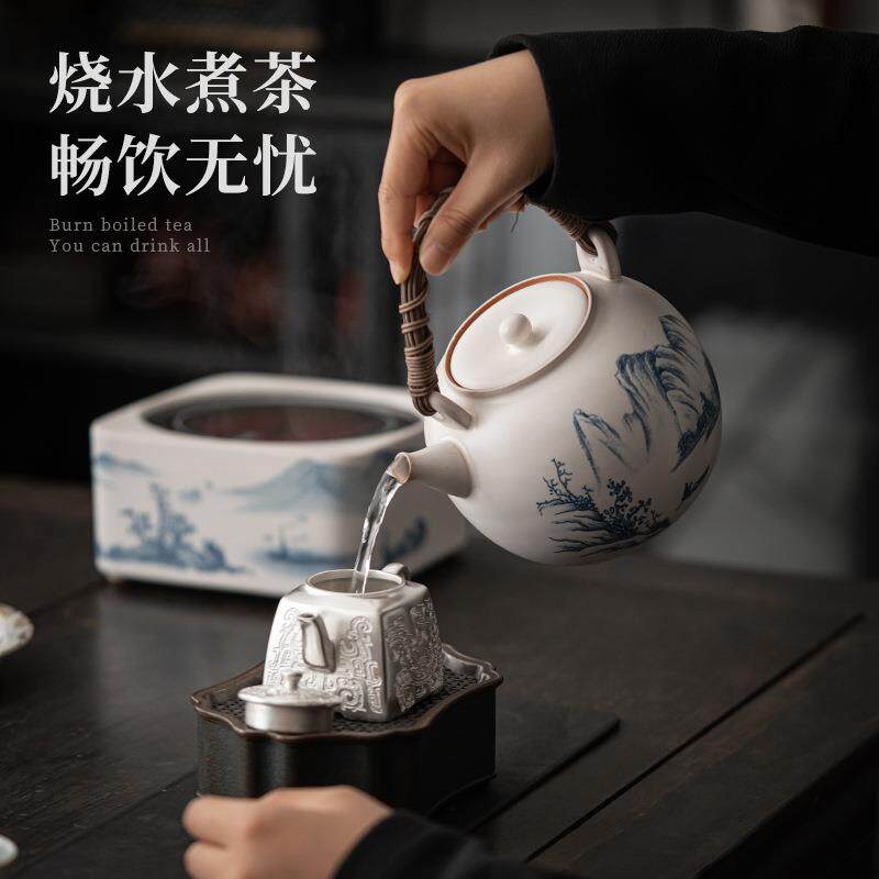 苏打釉手绘提梁侧把陶壶煮茶壶电陶炉烧水壶泡茶炉粗陶煮茶器套装