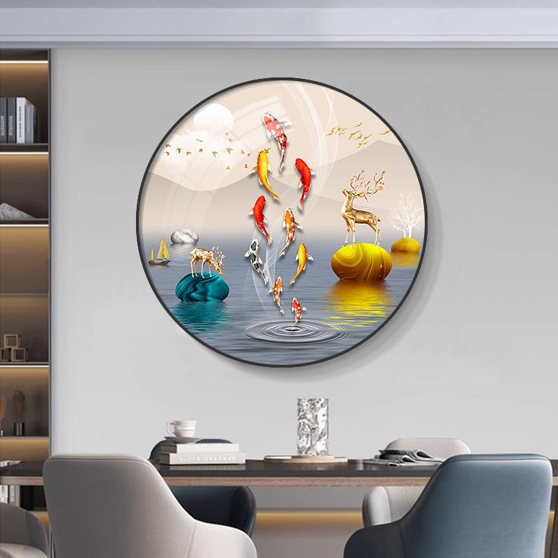 九鱼图玄关装饰画2025新款入户走廊柜挂画客厅餐厅寓意好圆形壁画图片