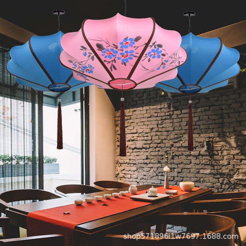 新中式布艺飞碟吊灯古风古典手绘中国风饭店餐厅商场婚礼装饰灯笼