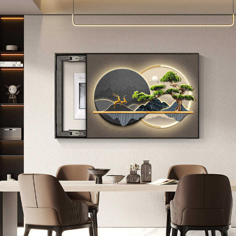 迎客松装饰画箱遮挡开关配电电闸感挂画高级箱画箱打孔电表免餐厅