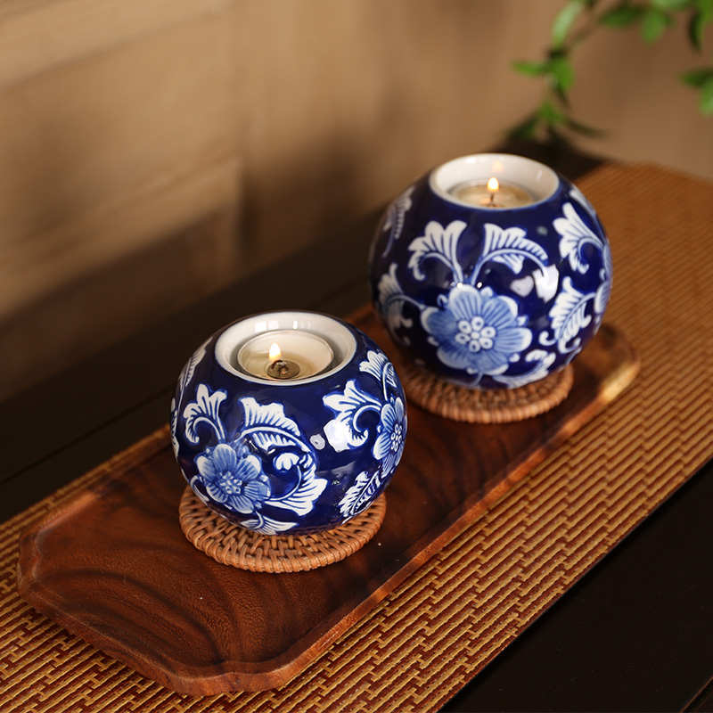 中式青花瓷复古陶瓷蜡烛台浪漫烛光晚餐婚庆拍摄道具禅意茶道烛台