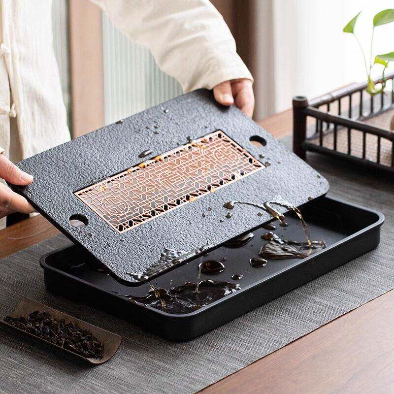 乌金石茶盘家用现代简约实木储水排水双用茶台长正方形圆形茶海