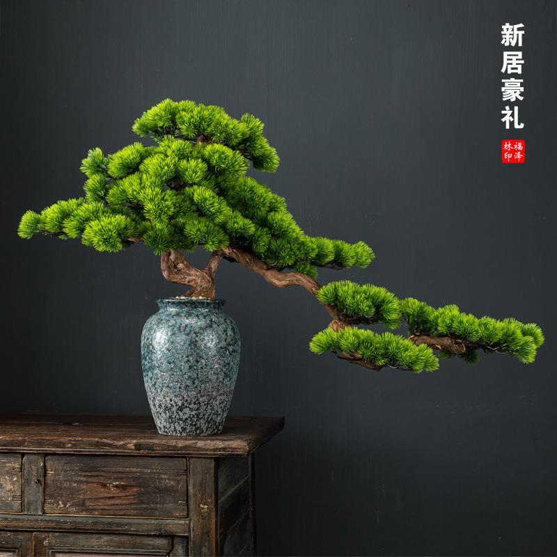 新中式玄关摆件仿真绿植迎客松红枫盆景假盆栽酒店客厅茶室装饰品