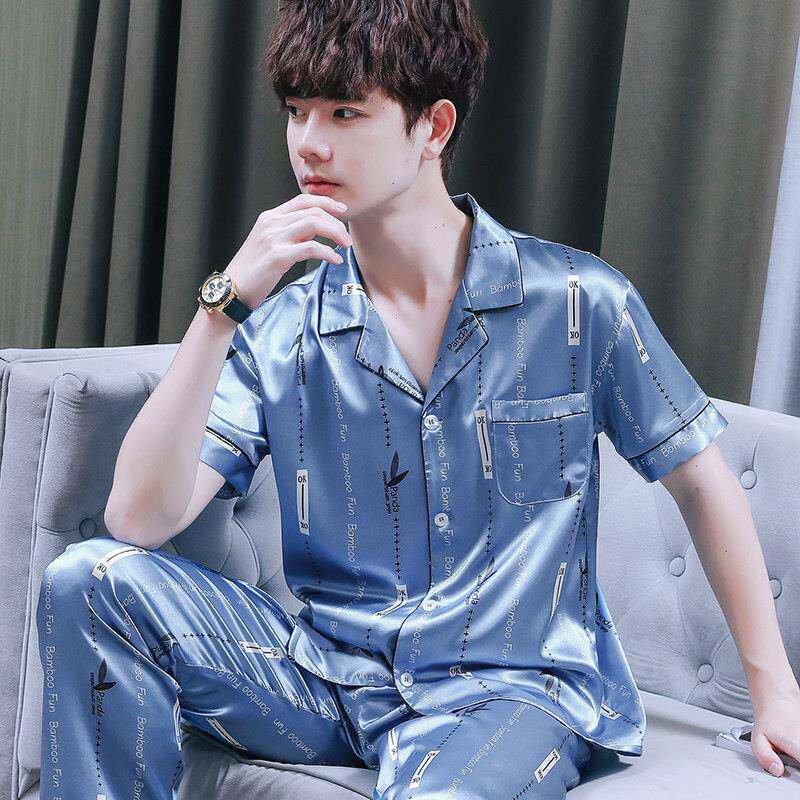 睡衣男夏季薄款短袖长裤冰丝丝绸男士睡衣家居服简约大方休闲套装