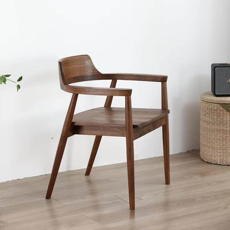 全实木广岛扶手餐椅北美黑胡桃木简约日式原木靠背家用榫卯书房椅