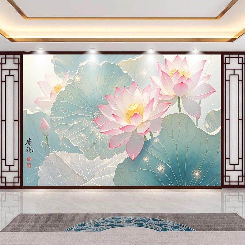 自粘墙贴纸新中式意境荷花除秽壁画客厅沙发电视背景墙壁纸床头画