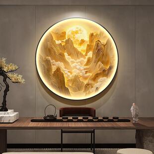 日出东方玄关装饰画轻奢山水走廊尽头挂画新中式入户圆形带灯壁画