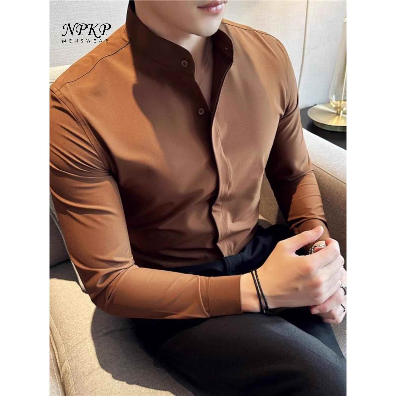 长袖衬衫男士春秋季新款无领暗扣商务衬衣潮流休闲立领新中式寸衫