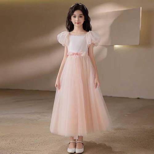 正品儿童粉色礼服演出主持走器秀连衣裙生日主钢琴小提琴乐公表裙