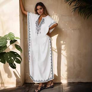 Embroidered Long Hoodie, Elegant Loose Beach Vacation Sun