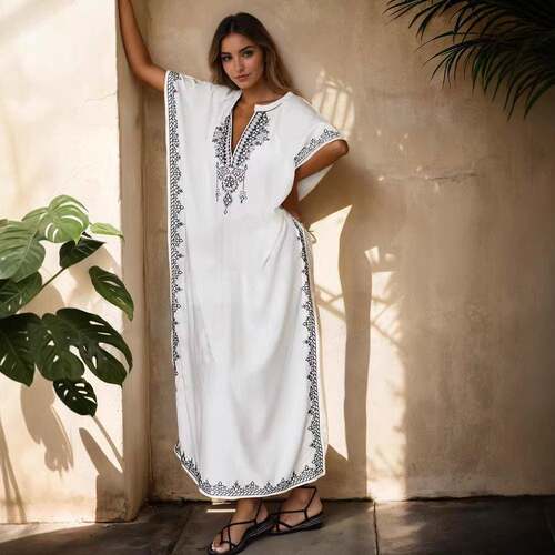 Embroidered Long Hoodie, Elegant Loose Beach Vacation Sun