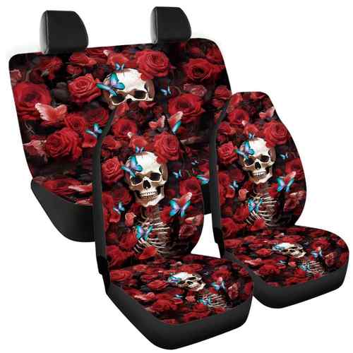 汽车四件套涤纶座椅坐垫骷髅玫瑰印花来图印制座椅防尘垫外贸新款