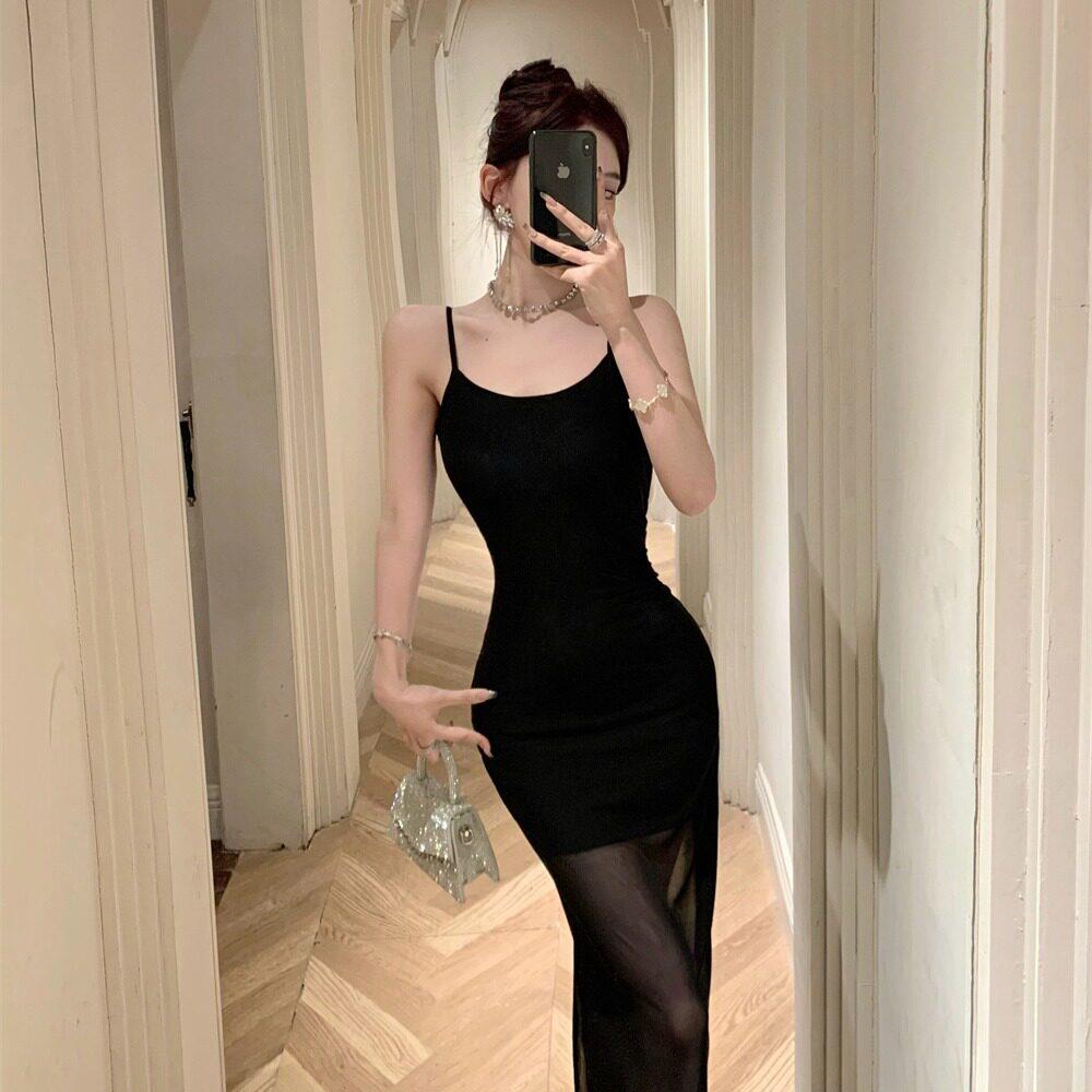 黑色吊带连衣裙女夏季新款内搭高级感开叉打底长裙夜场店网纱裙子