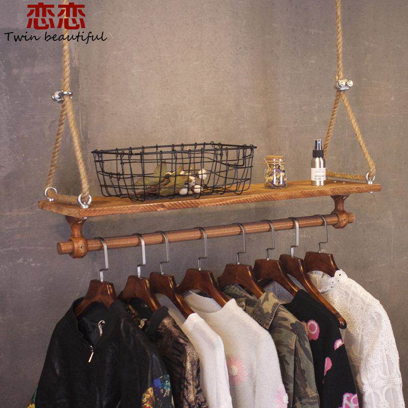 服装店衣架展示架上墙侧挂覆古实木吊架 女装服装店装修货架做旧