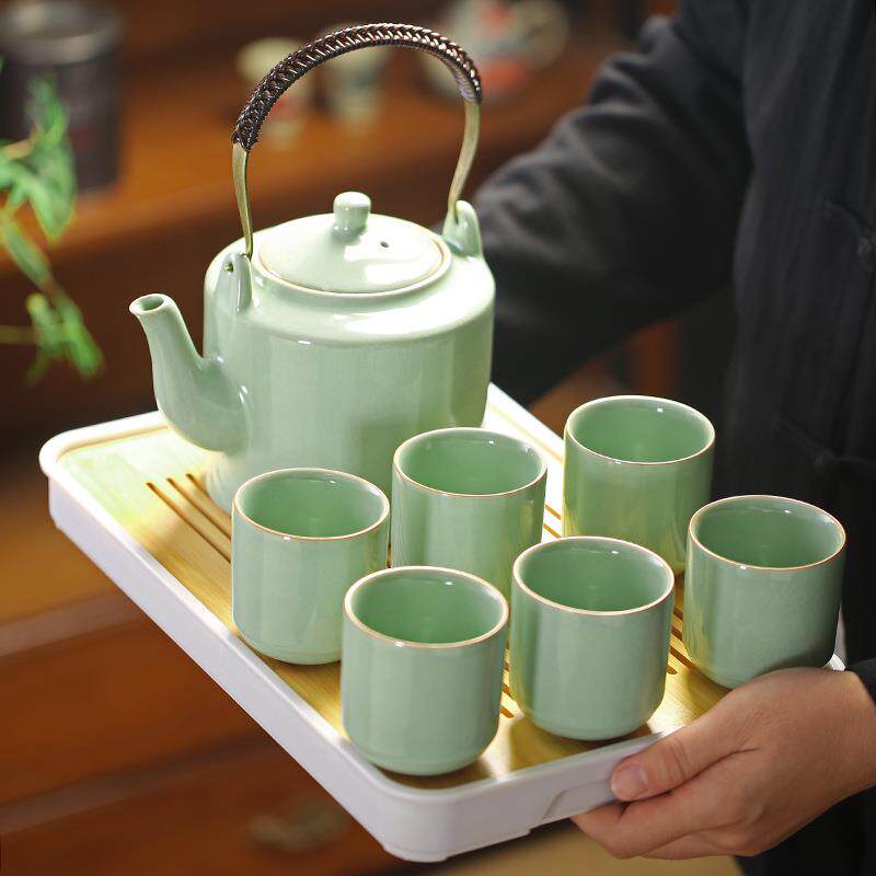 汝窑开片茶壶茶具套装家用陶瓷大号提梁壶简约茶杯茶盘大容量整套