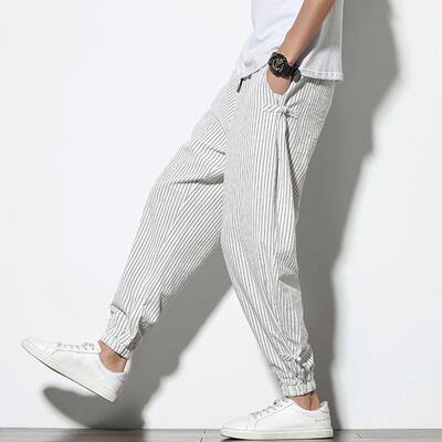 Spring Summer Disc Buckle Striped Harem Pants Mens Breathabl
