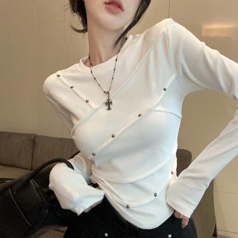 欧货时髦铆钉chic别致线条正肩长袖女港味气质圆领时尚打底衫上衣