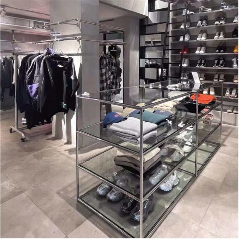 服装店流水台不锈钢拉丝玻璃展示架移动桌子精品货架陈列架鞋包架