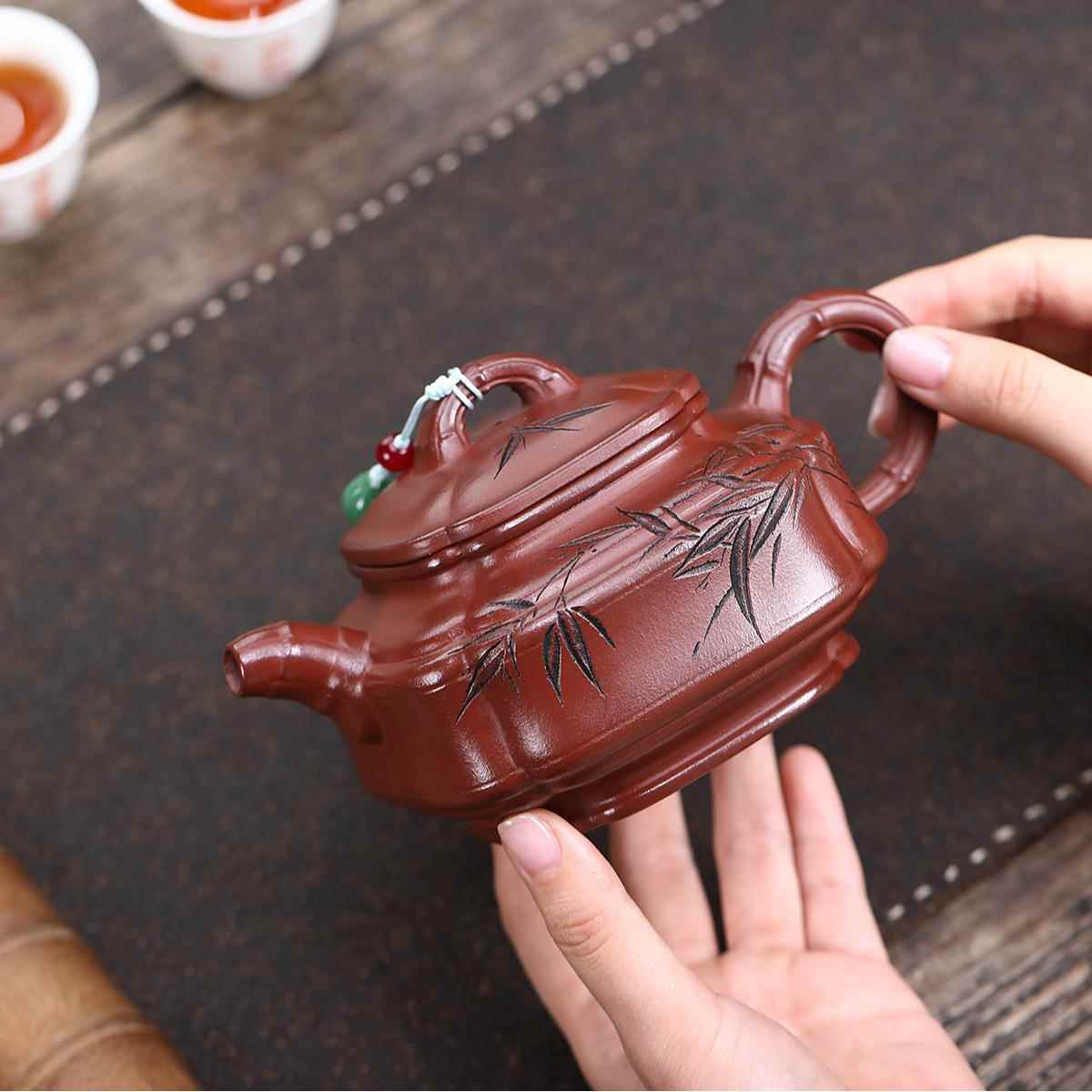 宜ZHIFU-38兴手紫砂壶工制作原壶矿腐邹皮朱泥大容量刻竹竹鼎泡茶