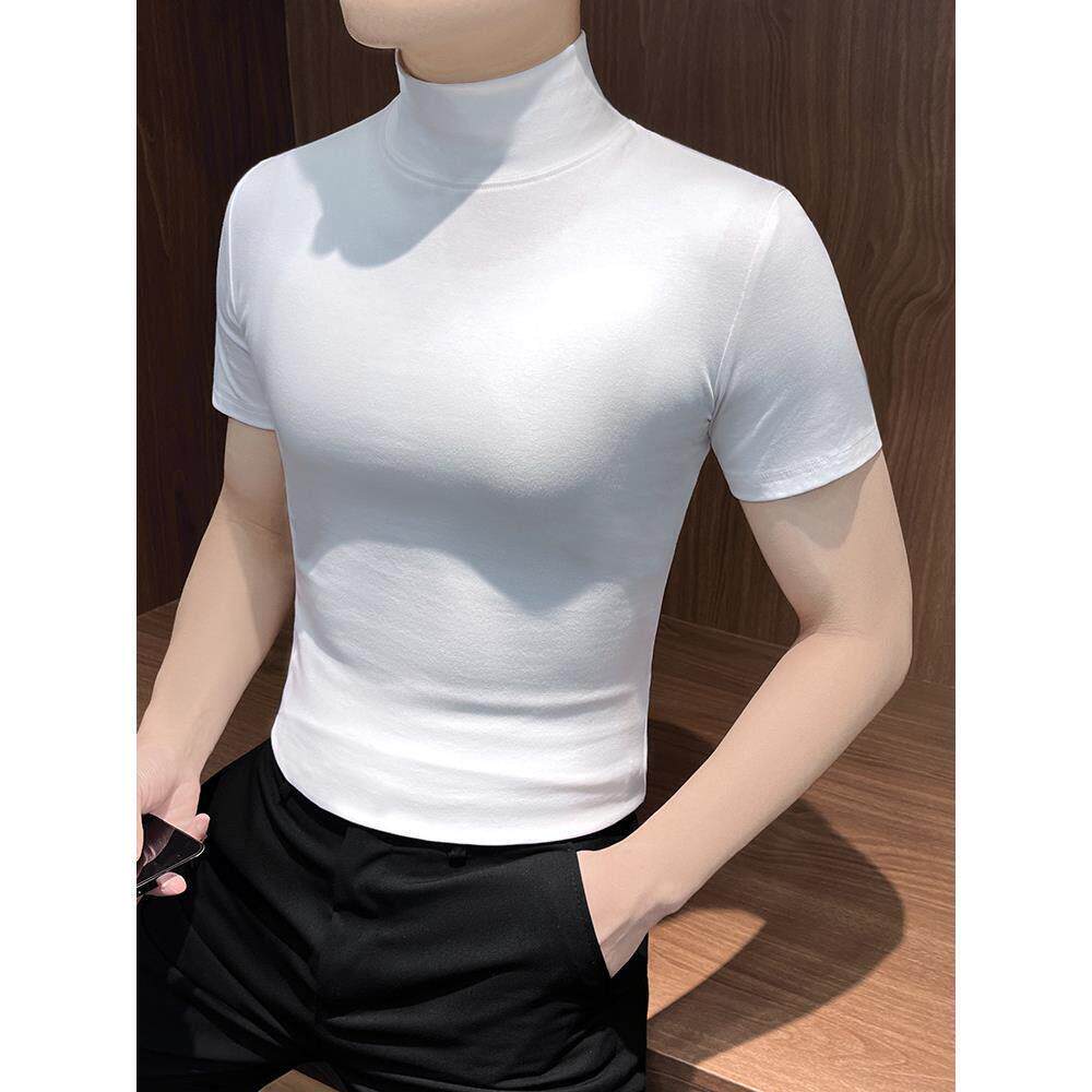 高级感韩版半高领短袖t恤男修身纯棉半袖2026新款春夏季弹力上衣
