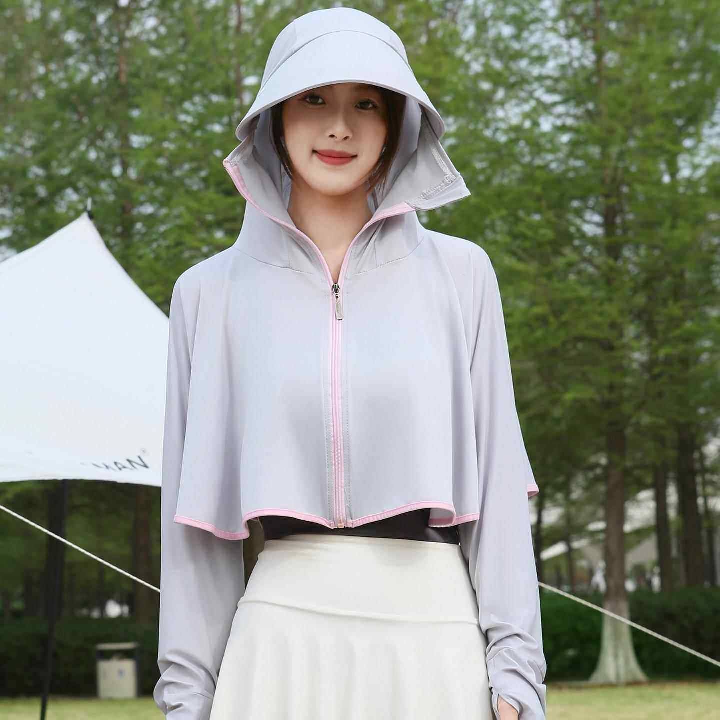 冰丝防晒衣服衫长袖新款防紫外线大帽檐连帽夏季薄款骑车披肩