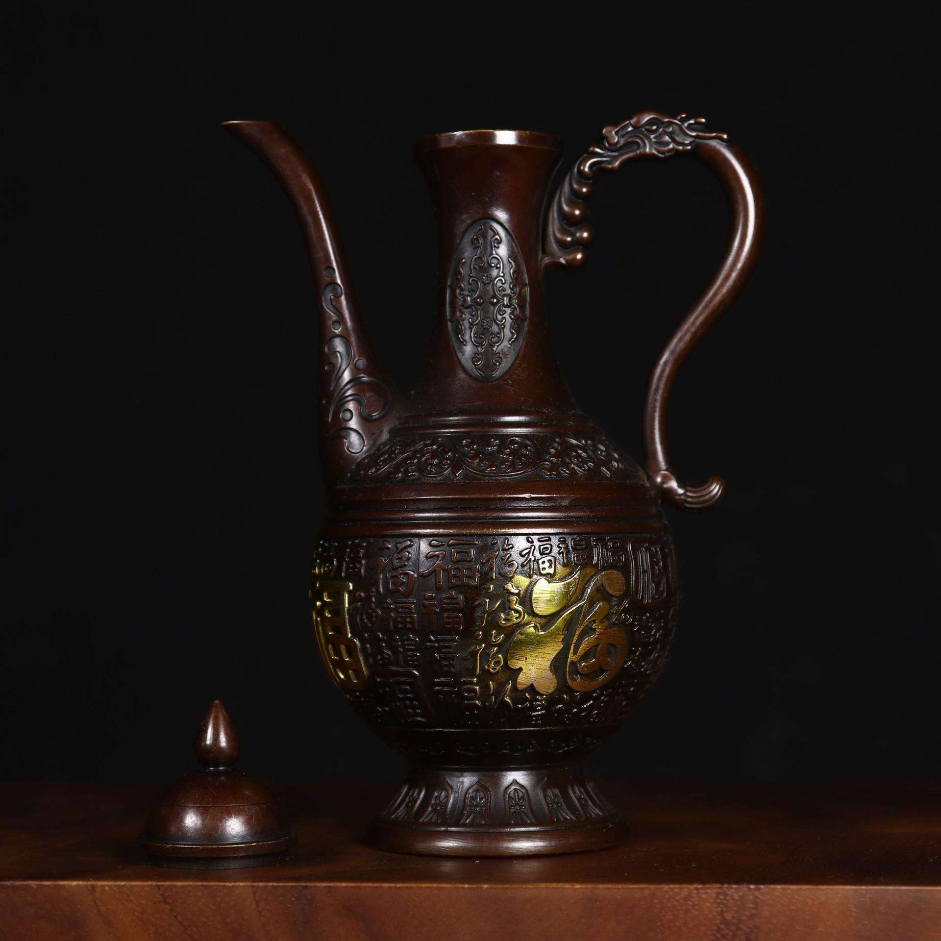 仿古龙把福字壶铜酒壶 古玩铜器收藏铜摆件 家居装饰工艺品