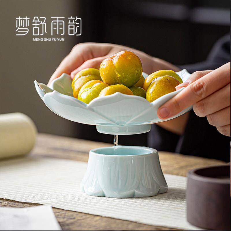 高脚水果盘家用覆古 新中式两件式现代客厅陶瓷干 干果盘茶点盘点