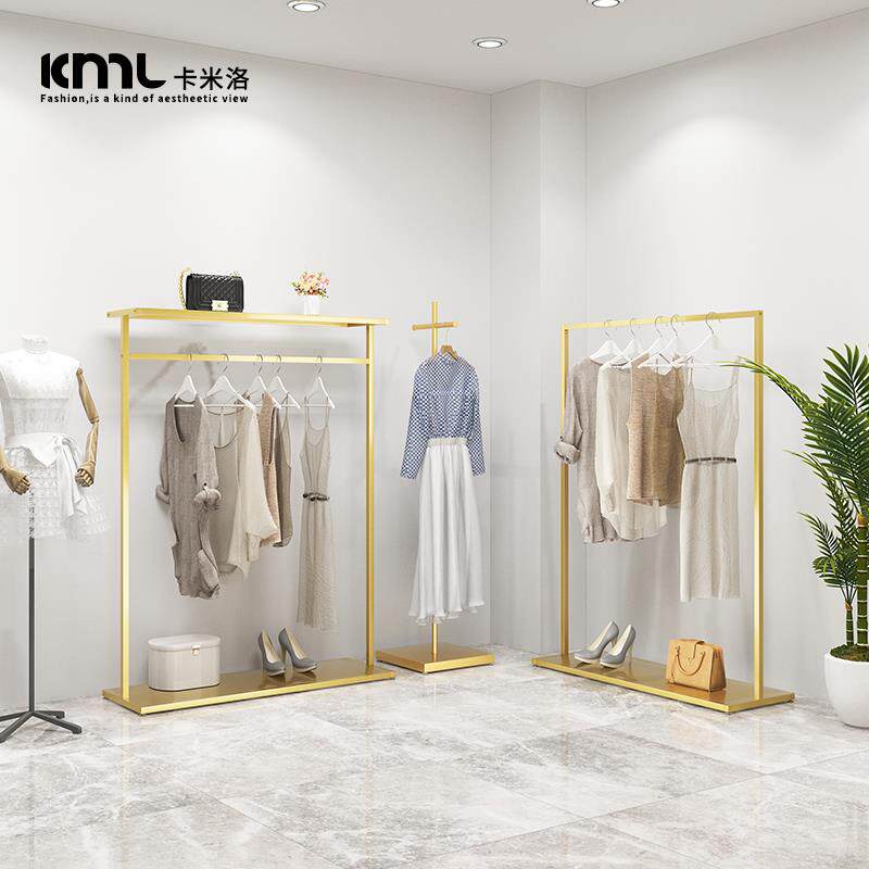 服装店展示架落地式挂衣杆金色专用挂衣架女装店陈列架侧挂衣服架