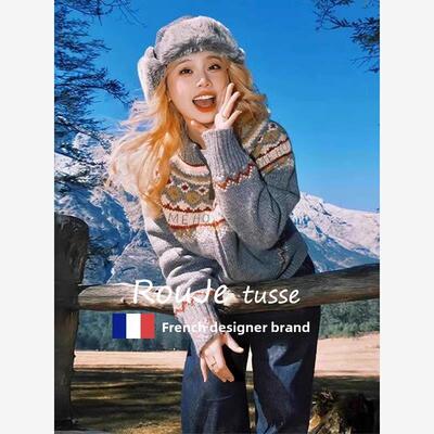 Rouje Tusse Fair Isle羊毛针织开衫女子春秋季慵懒风格拉炼羊绒