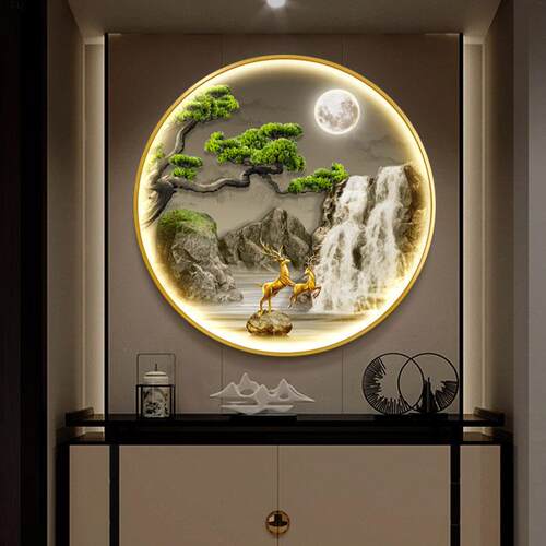 流水生财玄关装饰画大气山水画挂画新中式圆形壁画高级感LED灯画