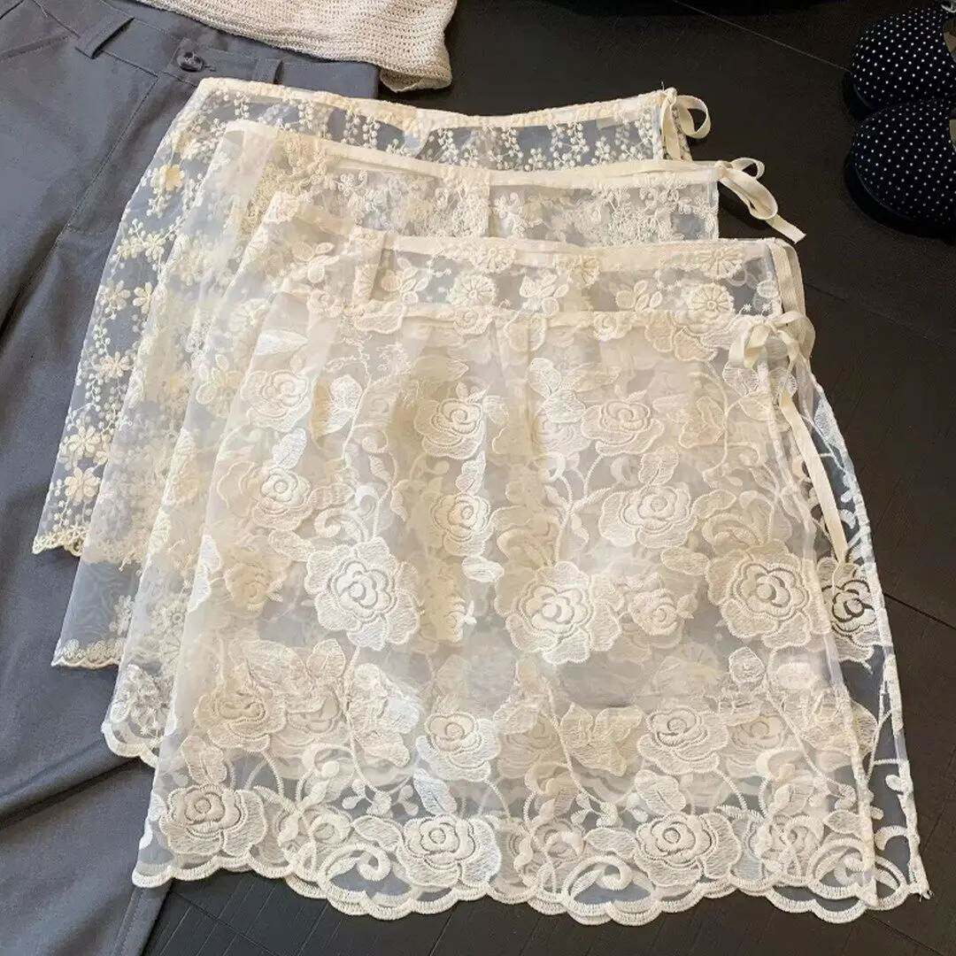 复古玫瑰蕾丝屁帘丝巾女欧根纱中长版裙帘牛仔裤叠穿梨形身材显瘦