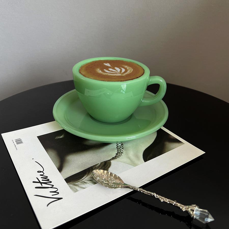 态生活家用咖啡杯碟套装复古奶玉绿色玻璃拿铁杯拉花杯下午茶杯子