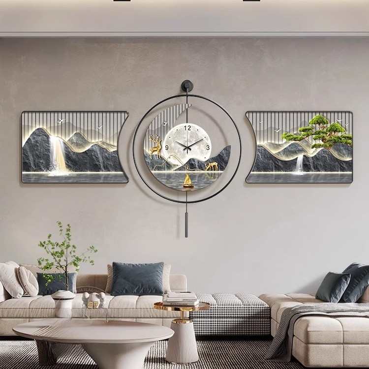 客厅靠山背高级钟表鹿挂画有沙发感奢画三联背景轻墙壁装饰画福画