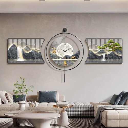 三联沙发感背挂画画靠山轻奢客厅鹿有福高级画墙壁装饰画背景钟表