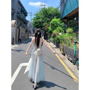 白水女【人鱼公主】薄荷绿网纱吊带洋装女海边度假覆古气质裙子