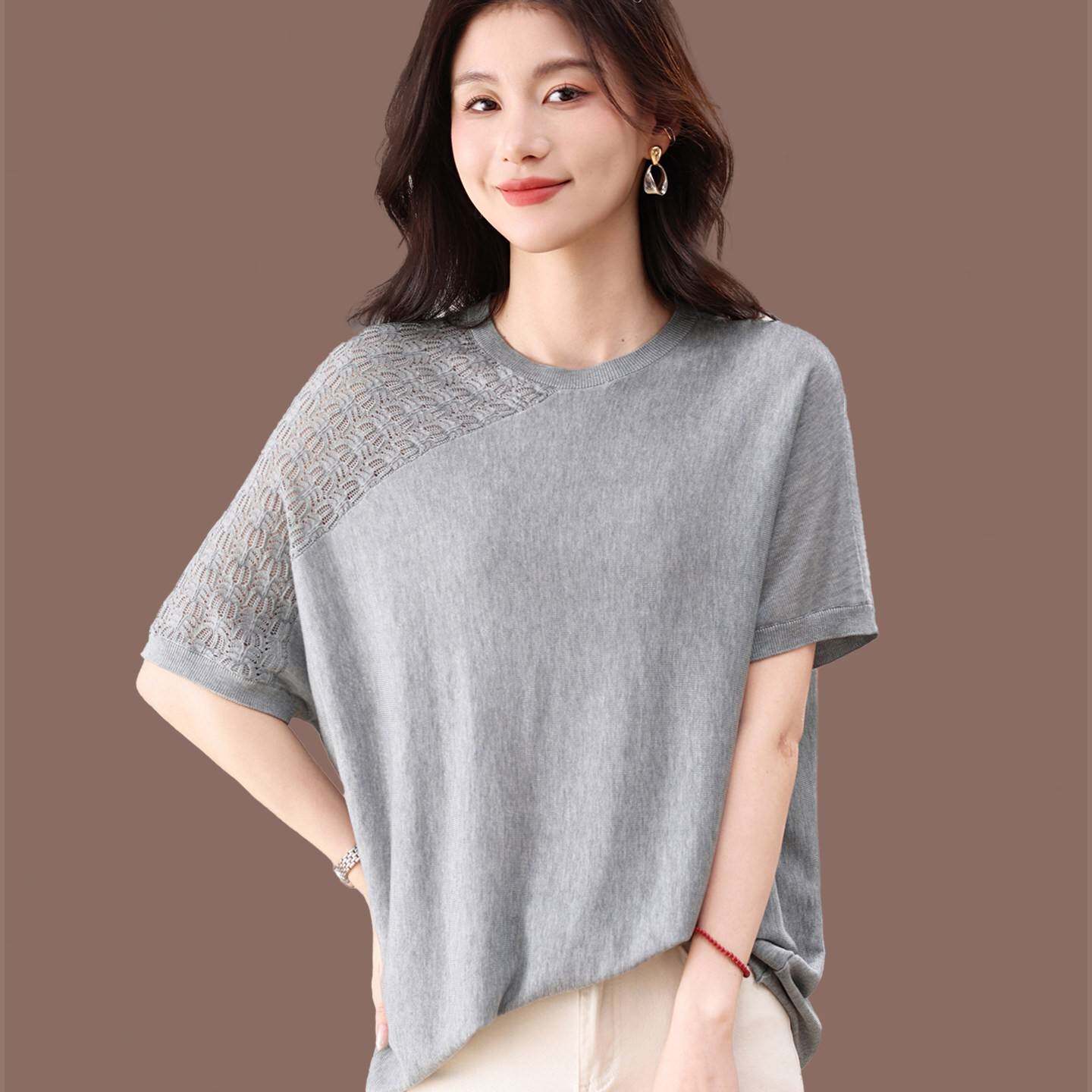 T恤女短袖2026夏季新款宽松薄款蝙蝠袖蕾丝镂空拼接上衣洋气