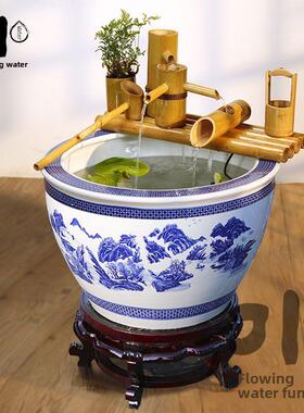 阳台庭院办公室莲花陶瓷水箱流动装置鱼缸景观门海竹排竹流水循环
