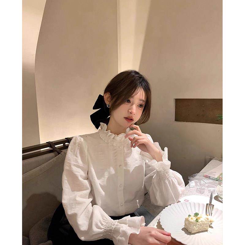 早秋新款法式木耳花边领白色衬衫女欧货复古上衣叠穿内搭打底衬衣