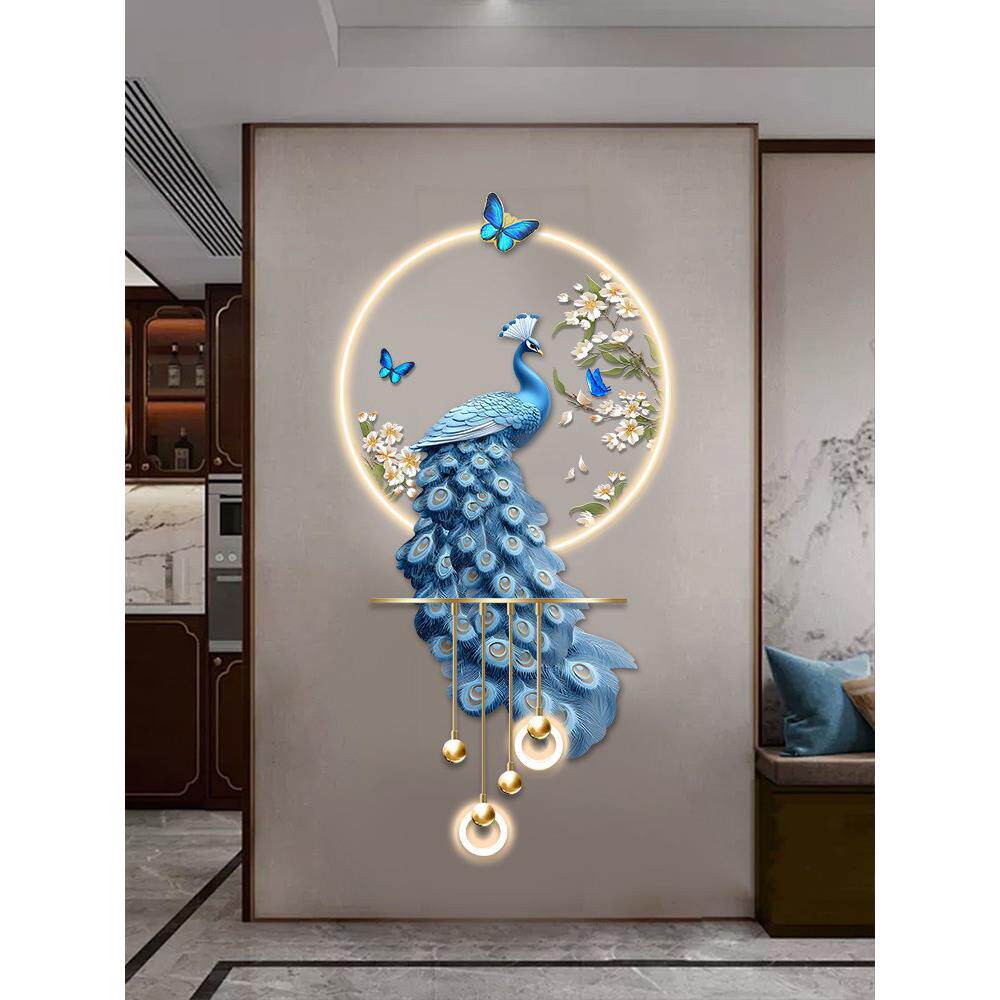 孔雀玄关装饰画高级感立体LED壁灯新中式入户走廊过道挂画2025新