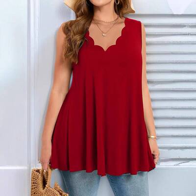 Women Knit Tank Scalloped V Neck Sleeveless Blouse Ruched