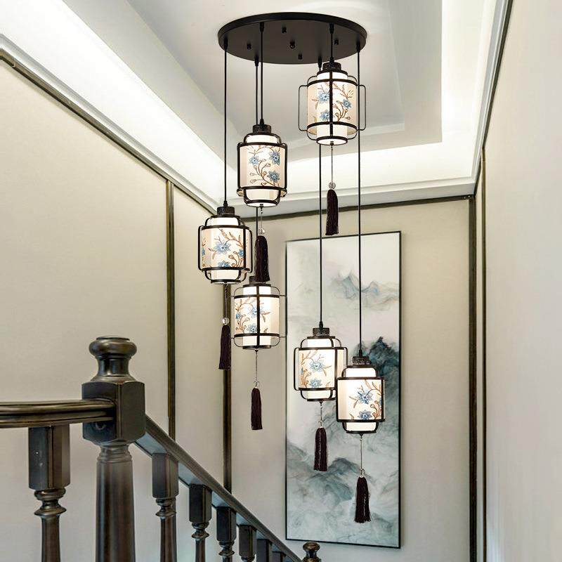 新中式楼梯长吊灯复式楼别墅挑空旋转楼梯间吊灯餐厅中国风灯具