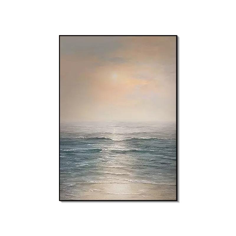 纯手绘油画侘寂风抽象大海日出玄关装饰画简约现代客厅背景墙挂画