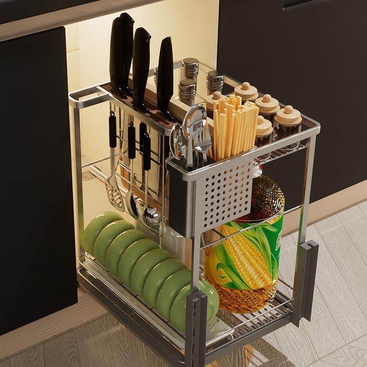 橱柜调味拉篮调料架厨房厨柜304不锈钢抽屉式阻尼竖拉蓝