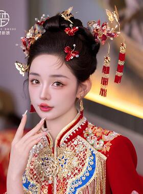 2024款中式新娘头饰红色造花液古风配饰长流苏秀禾服龙凤褂发饰