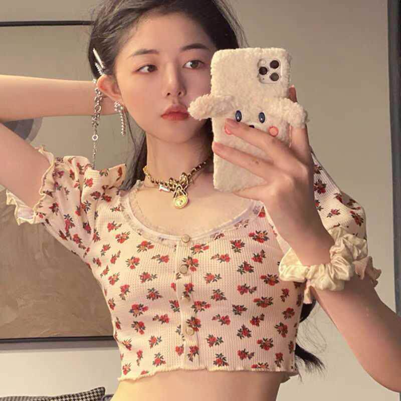 新款夏季古甜美可爱日系方领泡泡袖上复碎花短款T恤露肚脐衣