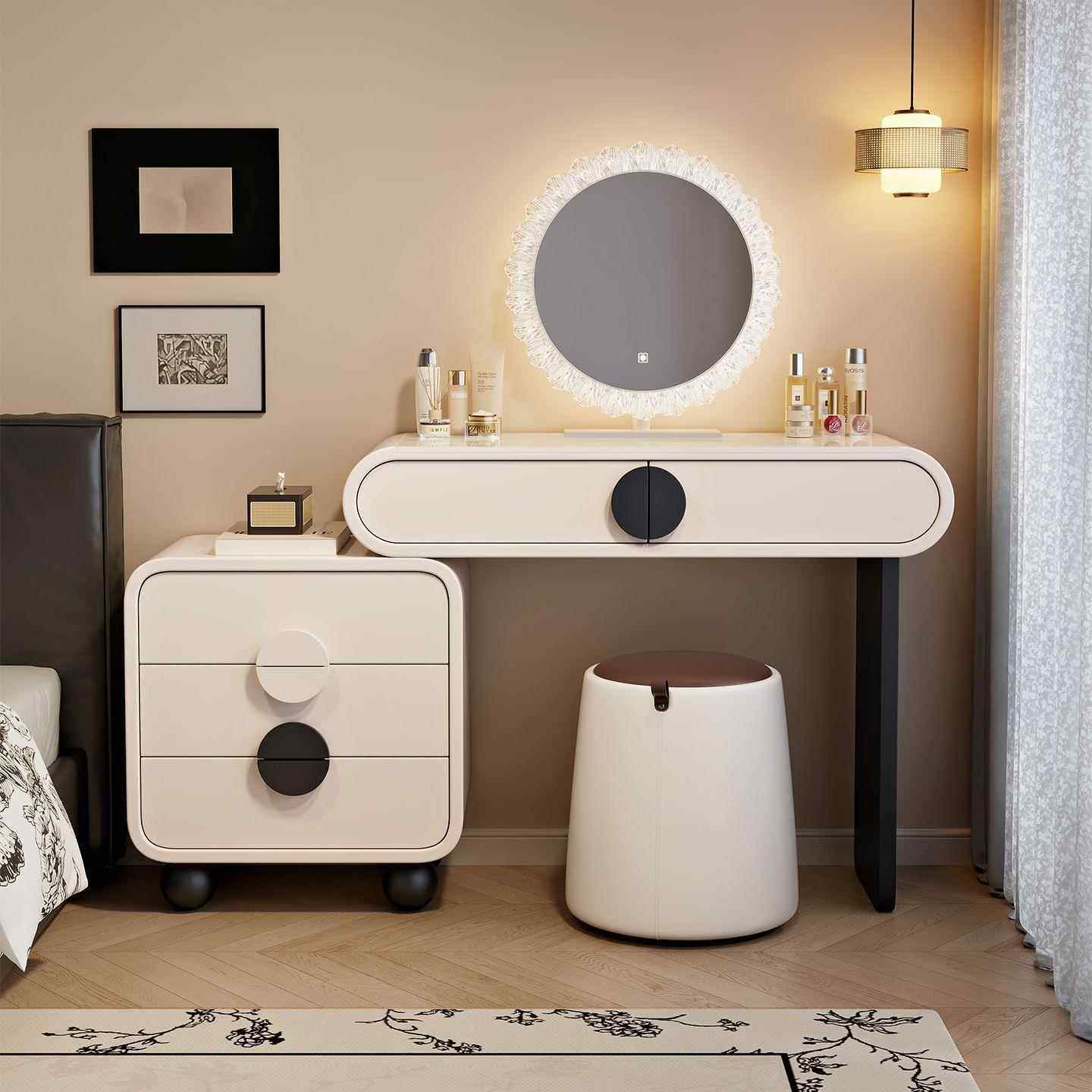 中古奶油风梳妆台卧室现代简约2025新款单人小户型斗柜一体化妆桌