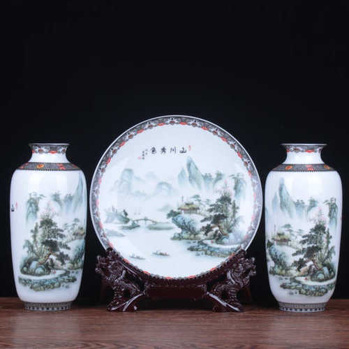 客厅瓷山水陶瓷中式博古架插花花瓶新摆设粉彩新品现代摆件景德镇