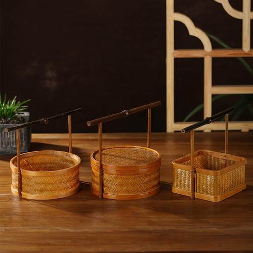 中式手工竹编竹篮客家摆件筐子手提篮水果篮茶点盘茶具带盖点心篮