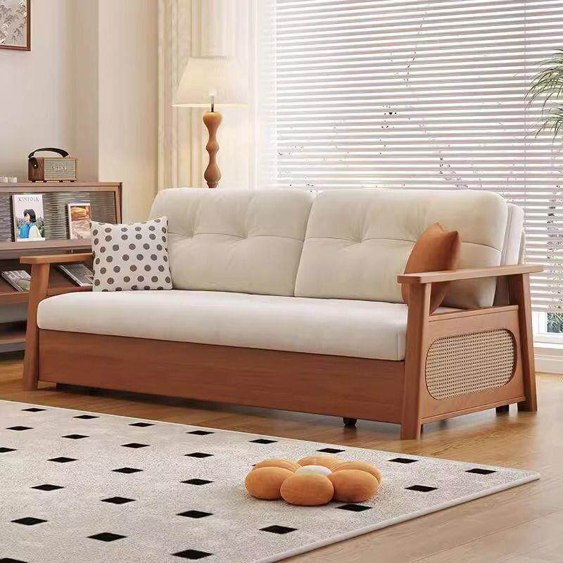 日式奶油风实木沙发床折叠两用客厅阳台小户型诧寂风藤编布艺沙发